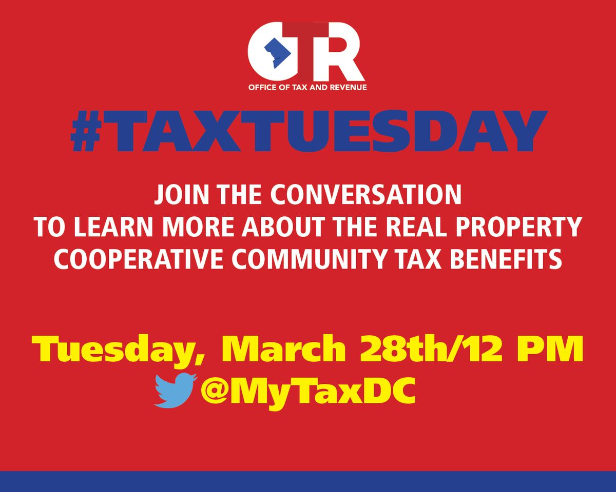 MyTaxDC's tweet image. Join us next Tuesday, March 28/12pm, for our final #TaxTuesday conversation. We'll be discussing the real property coop community tax benefits programs. We hope you can join us!
#dctaxes #realproperty #tax #benefits #programs