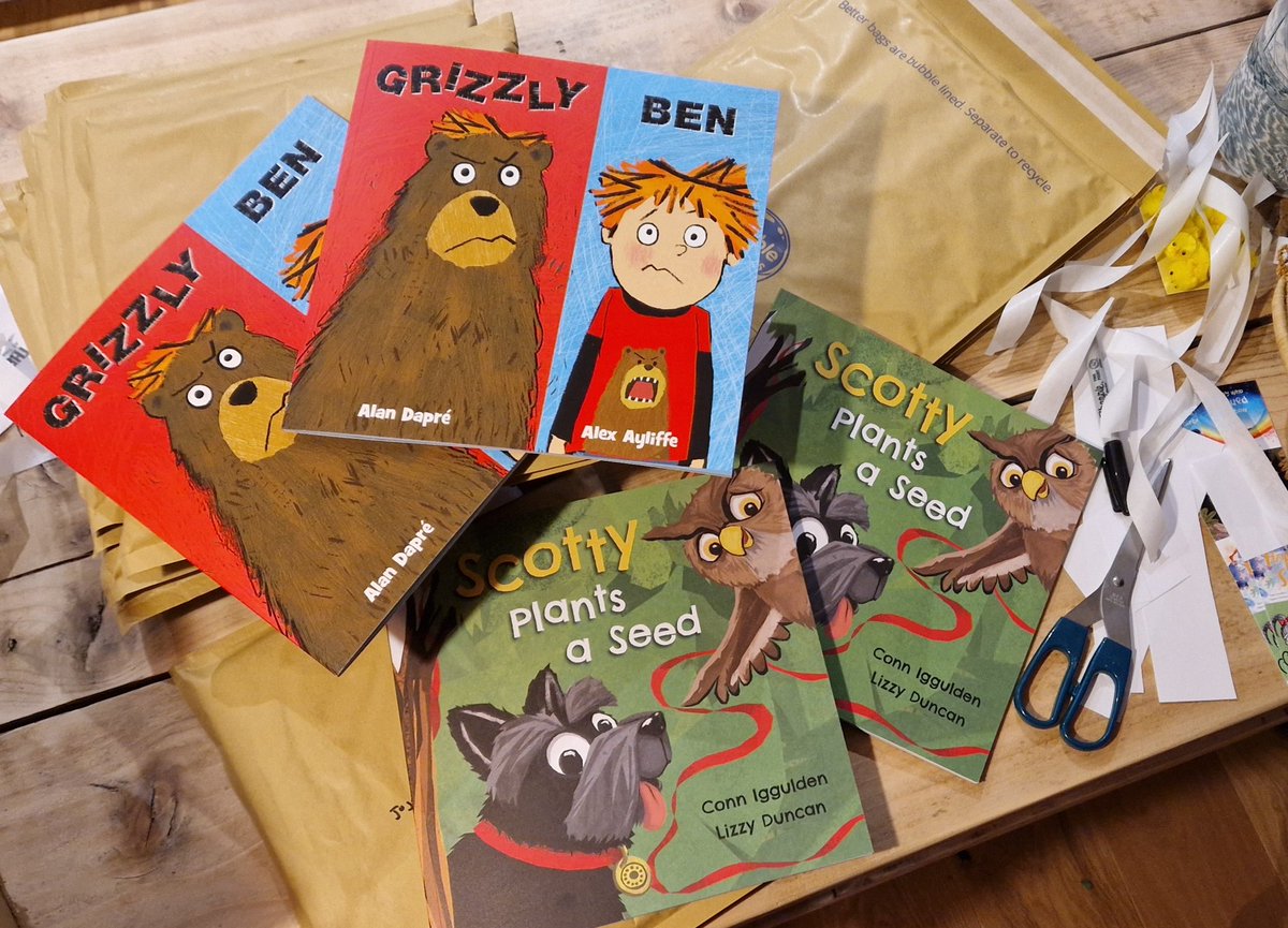 #smallpublisher kitchen table book wrapping. Lots of #picturebook posting for #blogtours of #GrizzlyBen and #ScottyPlantsASeed our April titles. #FridayFun 😀