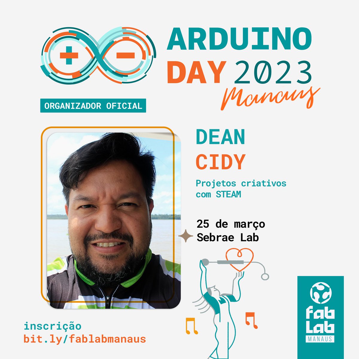 Dean Cidy está confirmado no Arduino Day Manaus 23!
Possui Lincenciatura em Pedagogia, com Pós em Pegadogia empresarial e Informatica na educação, tambem possui a certificação Educador Maker pelo Fablab Manaus. 
Faça sua inscrição em: bit.ly/fablabmanaus