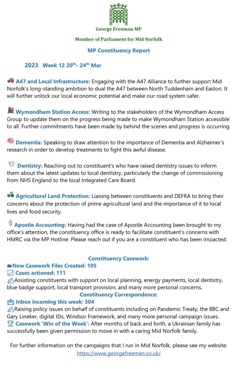 What does bring a Constituency MP involve?

🔹Casework📑
🔹Correspondence📝
🔹Campaigns 🎤

#MidNorfolk #ConstituencyReport 

Week 1️⃣2️⃣
2023