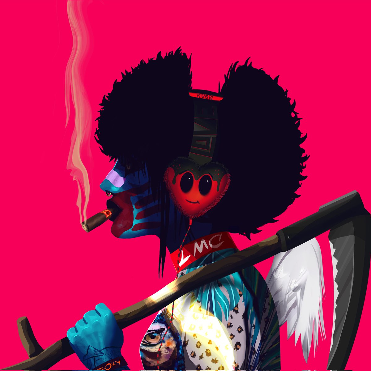 Love at first sight! The fun part is that I feel a connection with this <a href="/her_monsters/">Her Monsters Gang 🦊</a> Angel wings AND sickle, nose ring: Bullish, the cigar, background JUST EVERYTHING 💕 i can relate 😍 life is beautiful 🥳 and don't forget those Astro Love headphones!