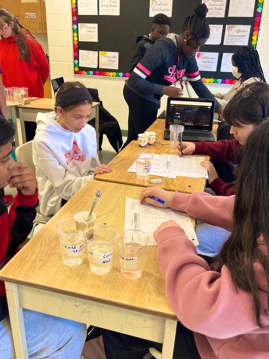 We experimented with dissolving different sized particles of salt in water today🌡️🧫🧪Grade 7s used their knowledge of pure substances and mixtures to lead the Grade 6s with this experiment. They did a great job taking initiative with their learning. <a href="/peaceDPCDSB/">Our Lady of Peace</a>