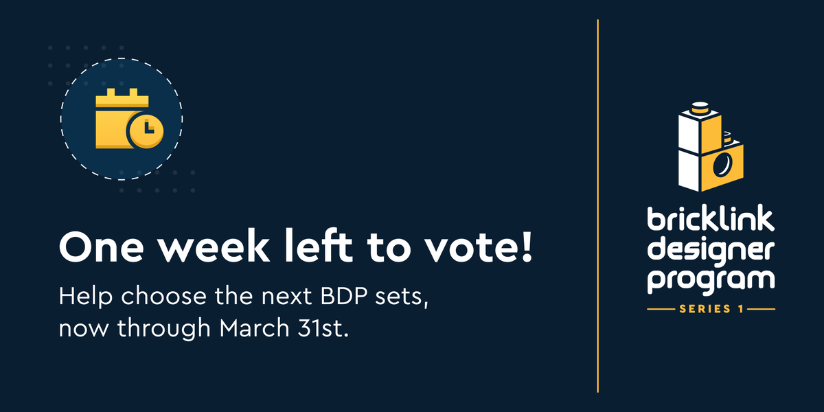 BrickLink's tweet photo. One week left to vote! Help us choose the next BrickLink Designer Program sets, now through March 31st.

https://t.co/ZG2ID6nHQt

#LEGO #BrickLink #BDPSeries1 https://t.co/xvonlzprWq