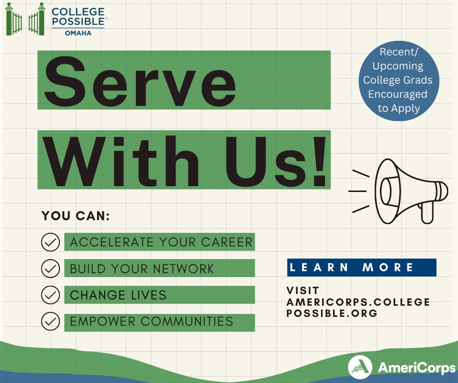 CollPossibleOMA's tweet image. Ready to make a difference in someone's life? Join AmeriCorps as a College Possible coach! Together, we can help students achieve their dreams and create a brighter future for all. Click here for more info: bit.ly/40vdMgQ 
#AmeriCorps #CollegePossible #Service