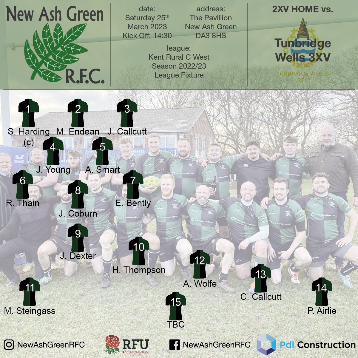 TEAM ANNOUNCEMENT 📢
Here are your New Ash Green squads for this weekends games. Both teams at home with the 1XV playing in the Kent Salver Cup Semi Final against @SheppeyRFC_1892, and the 2XV host @tunwellsrfc 3rds.

#NAGrfc #greenarmy #rugbyunion