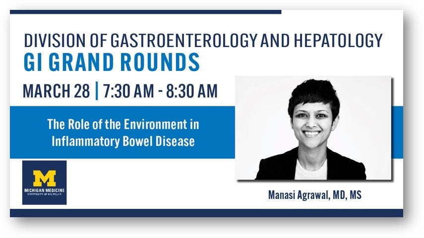 How does the environment drive the risk of #IBD?  This is a critical question in #IBD.

Join at @berinsj host @ManasiAgrawalMD discussing Environmental-#IBD interactions @UMichGIHep #GIGrandrounds.

Tuesday, March 28th, 730-830 AM EST

How: umich.zoom.us/j/97923394812?…