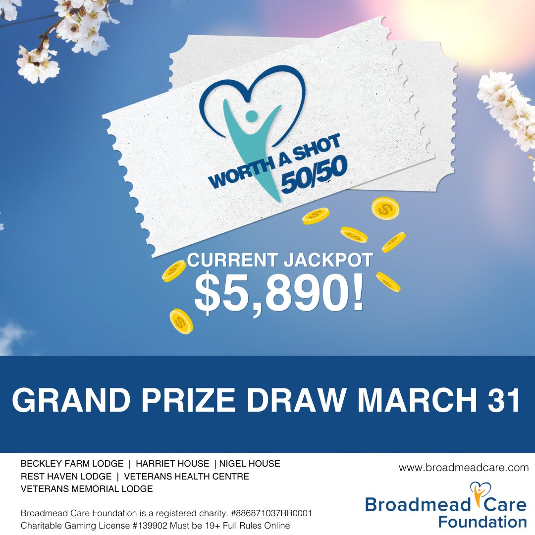 It's the final week of Broadmead Care's Worth a Shot 50/50! Our GRAND PRIZE draw is taking place March 31 at 2:00 PM! There can only be ONE lucky winner. Have you got your tickets? broadmeadcare.com/worth-a-shot