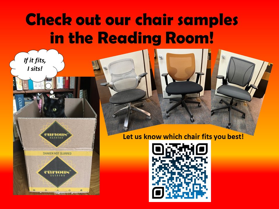 EinsteinLibrary's tweet image. You&apos;ve asked for ergonomic chairs! We have 3 samples in the Reading Room for you to try. Stop by, take a seat &amp;amp; let us know what you think! einstein-med.libwizard.com/f/chairs23 
@EinsteinMed @EinsteinPhD @epa_einstein @einsteincpd