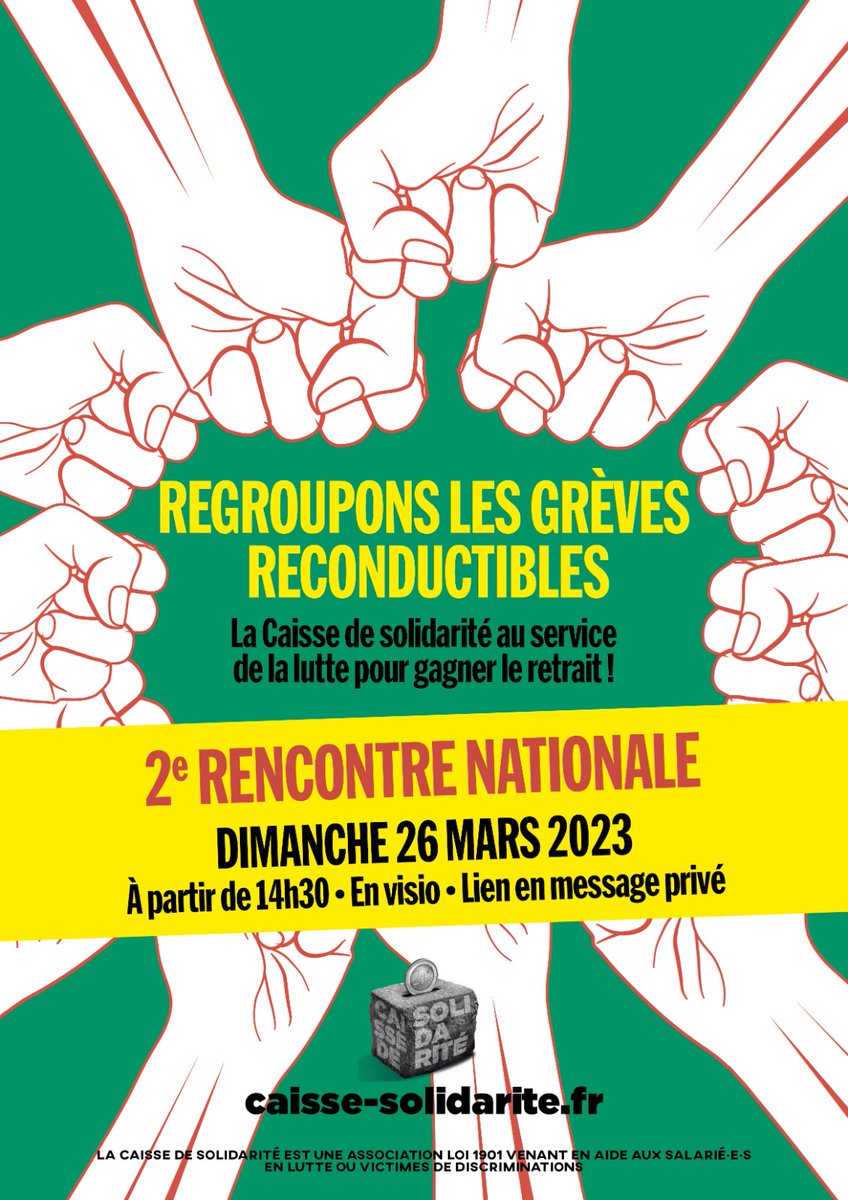 CaisseSoliAsso's tweet photo. Au-delà du soutien financier aux grévistes, nous souhaitons permettre que tou·te·s les grévistes en #reconductible se rencontrent
2E RENCONTRE NATIONALE 🙋🙋🏻
Dimanche 26 mars 2023 • À partir de 14 h30 • En visio
💌 Contact :
contact@caisse-solidarite.fr https://t.co/oLUUkaJW5l