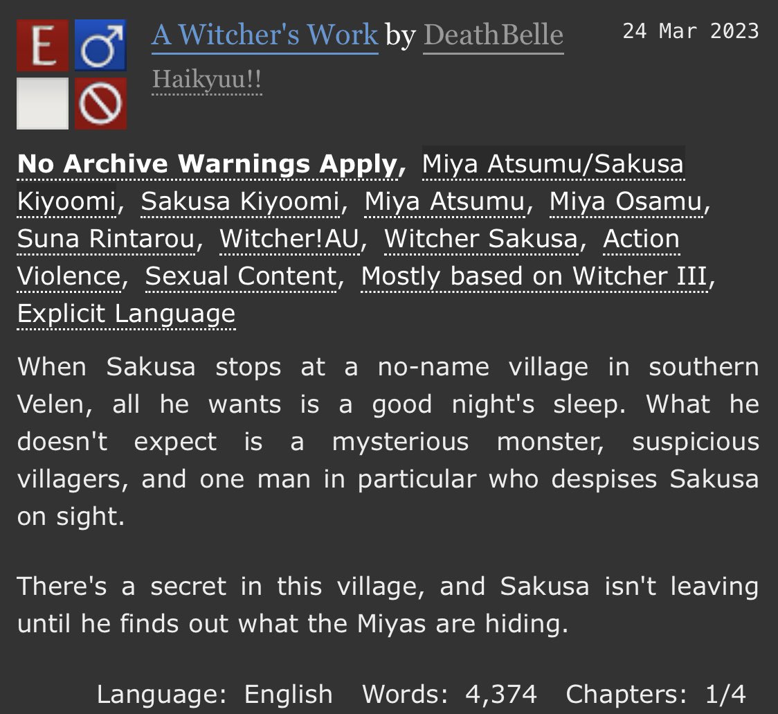 New witcher!Sakusa fic! I’ll post updates on Fridays if life doesn’t stop me 💜

archiveofourown.org/works/45984097…
