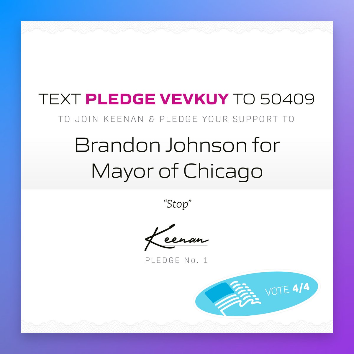 🖋 Keenan in Cook County, Ill. just pledged to support Brandon Johnson for Mayor of Chicago! 

Tap to pledge your support &amp; get ready to vote: x.com/messages/compo…