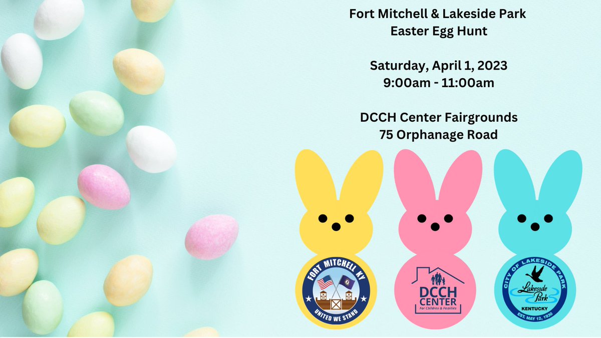 RESCHEDULED!
Fort Mitchell &amp; Lakeside Park Easter Egg Hunt
Saturday, April 1, 2023
9:00am - 11:00am
<a href="/DCCHCenter/">DCCH Center</a> Fairgrounds
75 Orphanage Road, Fort Mitchell, KY 41017
For more information, call 859.331.1212