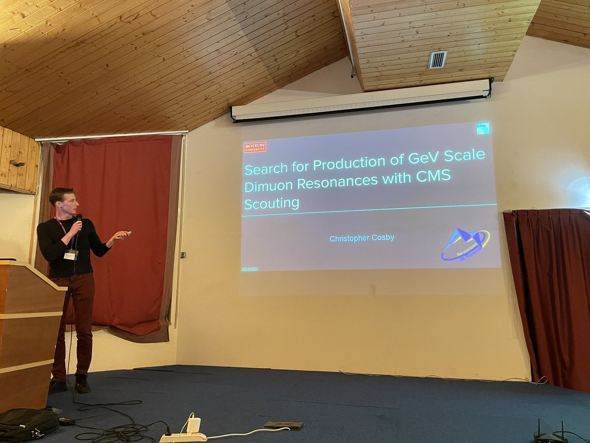 freyablekman's tweet photo. The final regular #moriond program flash talk is by Christopher Cosby from @BU_Tweets! He has made a new dimuon search analysis using the @CMSExperiment scouting data, finding new peaks and known excesses plus setting limits on #darkphotons! Great work Christopher! https://t.co/a9RgHXIDvW