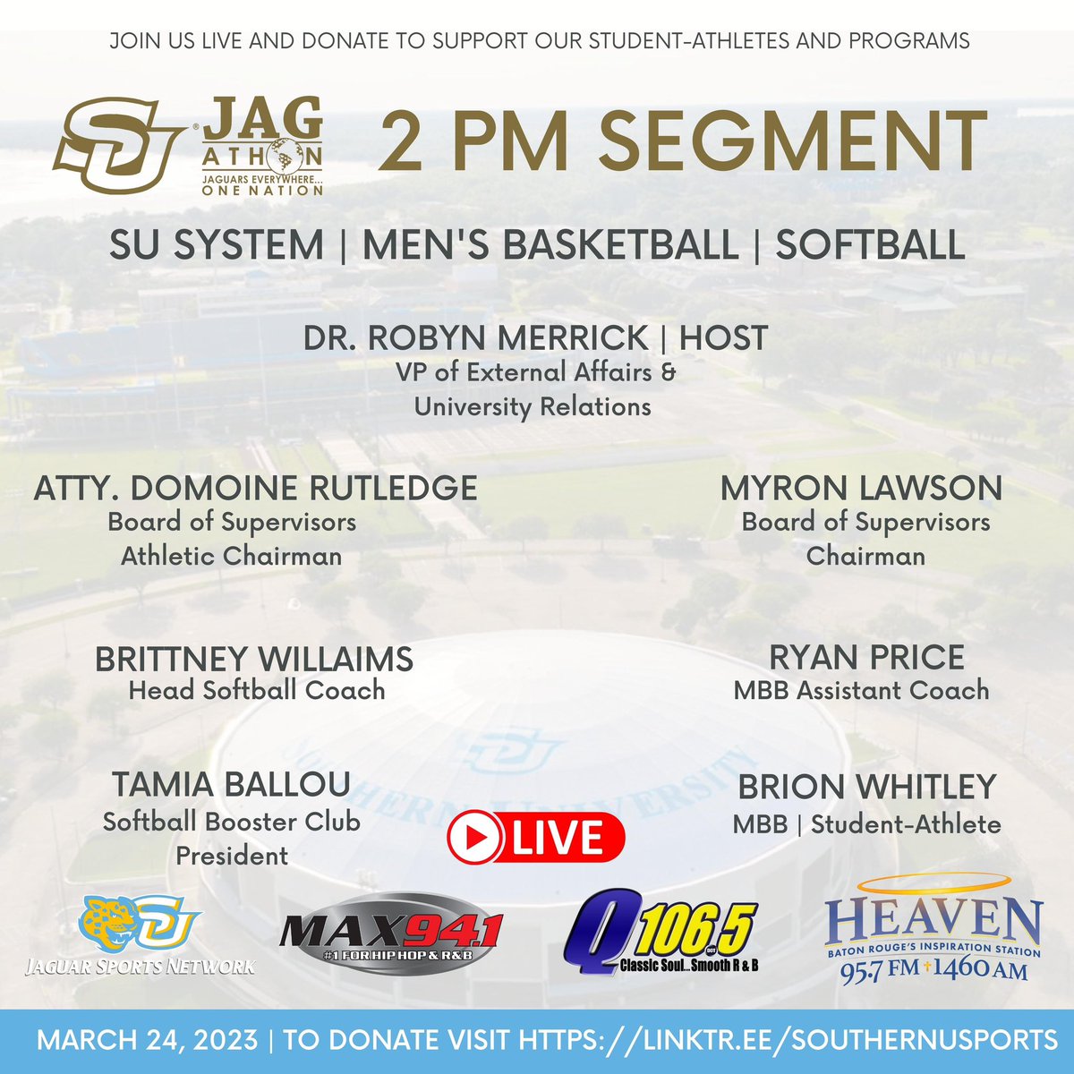 SouthernUsports's tweet photo. 2. 𝐎𝐧𝐥𝐢𝐧𝐞: https://t.co/43NrEflloj
3. 𝐁𝐲 𝐏𝐡𝐨𝐧𝐞: 225-771-2436 
4. 𝐈𝐧 𝐏𝐞𝐫𝐬𝐨𝐧: F.G. Clark Activity Center | SU Ticket Office 

Donate a 𝐦𝐢𝐧𝐢𝐦𝐮𝐦 𝐨𝐟 $𝟓𝟎 to receive entry into the 𝐕𝐈𝐏 𝐃𝐨𝐧𝐨𝐫 𝐁𝐫𝐮𝐧𝐜𝐡 and 𝐇𝐢𝐠𝐡-𝐓𝐞𝐚. https://t.co/HwIgq5iU6E