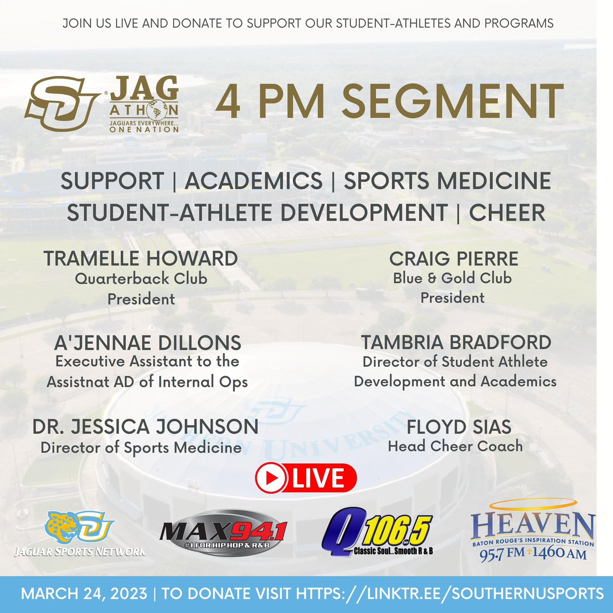SouthernUsports's tweet photo. 2. 𝐎𝐧𝐥𝐢𝐧𝐞: https://t.co/43NrEflloj
3. 𝐁𝐲 𝐏𝐡𝐨𝐧𝐞: 225-771-2436 
4. 𝐈𝐧 𝐏𝐞𝐫𝐬𝐨𝐧: F.G. Clark Activity Center | SU Ticket Office 

Donate a 𝐦𝐢𝐧𝐢𝐦𝐮𝐦 𝐨𝐟 $𝟓𝟎 to receive entry into the 𝐕𝐈𝐏 𝐃𝐨𝐧𝐨𝐫 𝐁𝐫𝐮𝐧𝐜𝐡 and 𝐇𝐢𝐠𝐡-𝐓𝐞𝐚. https://t.co/HwIgq5iU6E