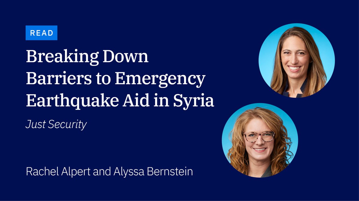Jenner & Block (@jennerblockllp) on Twitter photo In a recent <a href="/just_security/">Just Security</a> article, Partner Rachel Alpert and Associate <a href="/ag_bernstein/">Alyssa G. Bernstein, PhD, JD</a> propose a path to remove export control obstacles to the delivery of humanitarian aid in Syria following the earthquake.
Learn more: jenner.com/en/news-insigh…
#Sanctions #InternationalAid In a recent <a href="/just_security/">Just Security</a> article, Partner Rachel Alpert and Associate <a href="/ag_bernstein/">Alyssa G. Bernstein, PhD, JD</a> propose a path to remove export control obstacles to the delivery of humanitarian aid in Syria following the earthquake.
Learn more: jenner.com/en/news-insigh…
#Sanctions #InternationalAid