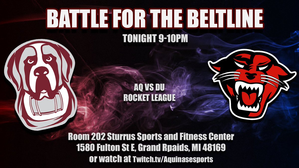 Join us tonight as we take on our rivals Davenport University in THE Battle for the Beltline! 

🛡️<a href="/neccgames/">NECC</a>
🆚<a href="/DU_Esport/">Davenport Esports</a>
⏰9:00pm EST
📺Twitch.tv/Aquinasesports
🗣️<a href="/PalmPlayz/">Palm</a> &amp; <a href="/mchbunny/">Christy Hacker</a> 

#GoSaints