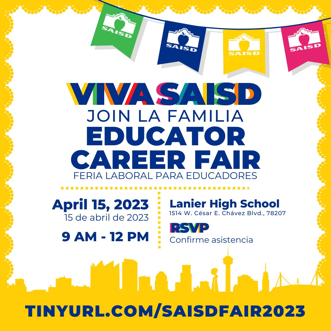 JoinSAISD's tweet photo. 📣🪅 Our Alamo City is known for its culture and annual Fiesta events, so to help celebrate San Antonio ISD Educator Career Fair on April 15! Stop by Lanier High School from 9 a.m. to noon
RSVP here ➡️ https://t.co/LHT8aZnnLU and VIVA SAISD! https://t.co/2aeu1Mvpmw