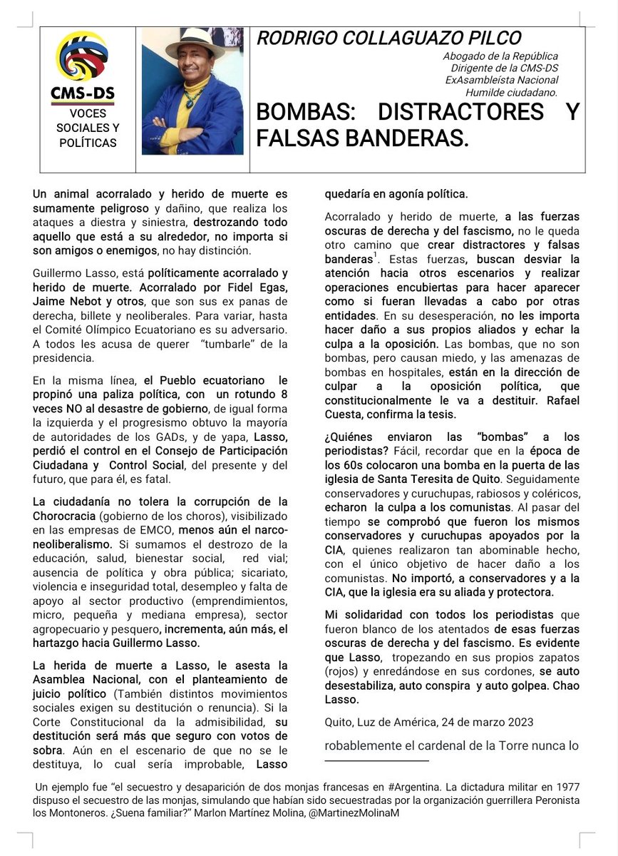 ‼️BOMBAS: DISTRACTORES Y FALSAS BANDERAS‼️
♦️Animal acorralado y herido de muerte, es peligrososo ♦️<a href="/LassoGuillermo/">Guillermo Lasso</a>, está acorralado y herido políticamente
♦️Herida a LASSO,  lo asesta la <a href="/AsambleaEcuador/">Asamblea Nacional</a>, con el Juicio Político
♦️Fascistas crean distractores y falsas banderas
