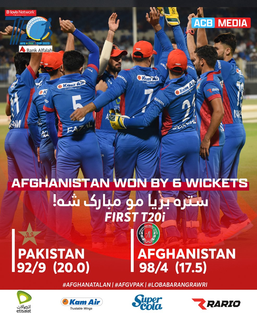 ACBofficials's tweet photo. 🎉 𝐇𝐈𝐒𝐓𝐎𝐑𝐘 𝐌𝐀𝐃𝐄 𝐢𝐧 𝐒𝐇𝐀𝐑𝐉𝐀𝐇! 🏏 

Congratulations to Afghanistan on a fantastic first-ever international victory over @TheRealPCB! 🤩👏👌💪

Congratulations to the entire Afghan Nation! Many more to come...! 💯🔥

#AfghanAtalan | #AFGvPAK | #LobaBaRangRawri https://t.co/wWmfriv4DZ