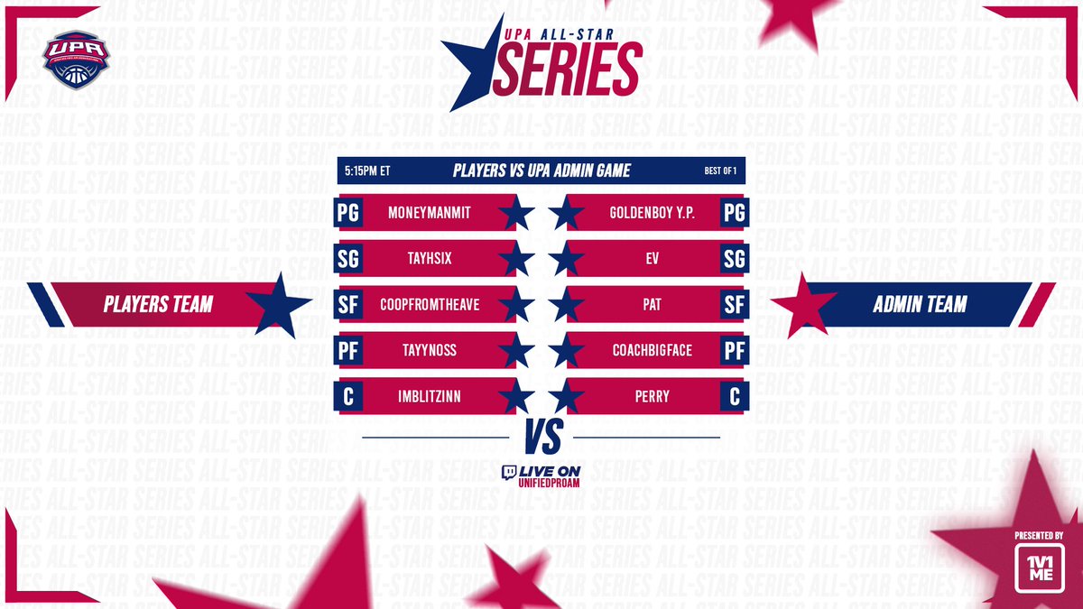 UnifiedProAm's tweet photo. ⭐️ UPA ALL-STAR SERIES ⭐️

Team Admins

@YP_GBS 
@EvThatGuy 
@Pat_251 
@CoachBigFace 
@iMxPerry 

🆚

Team Players

@moneymanmit 
@tayhsix 
@CoopFromTheAve 
@Tayynoss_ 
@ImBlitzinn

⏰ 5:15 PM EST
🗓️ Saturday, March 25
💻 https://t.co/m7j9O4Y8V6 https://t.co/l5LjIc6XKq