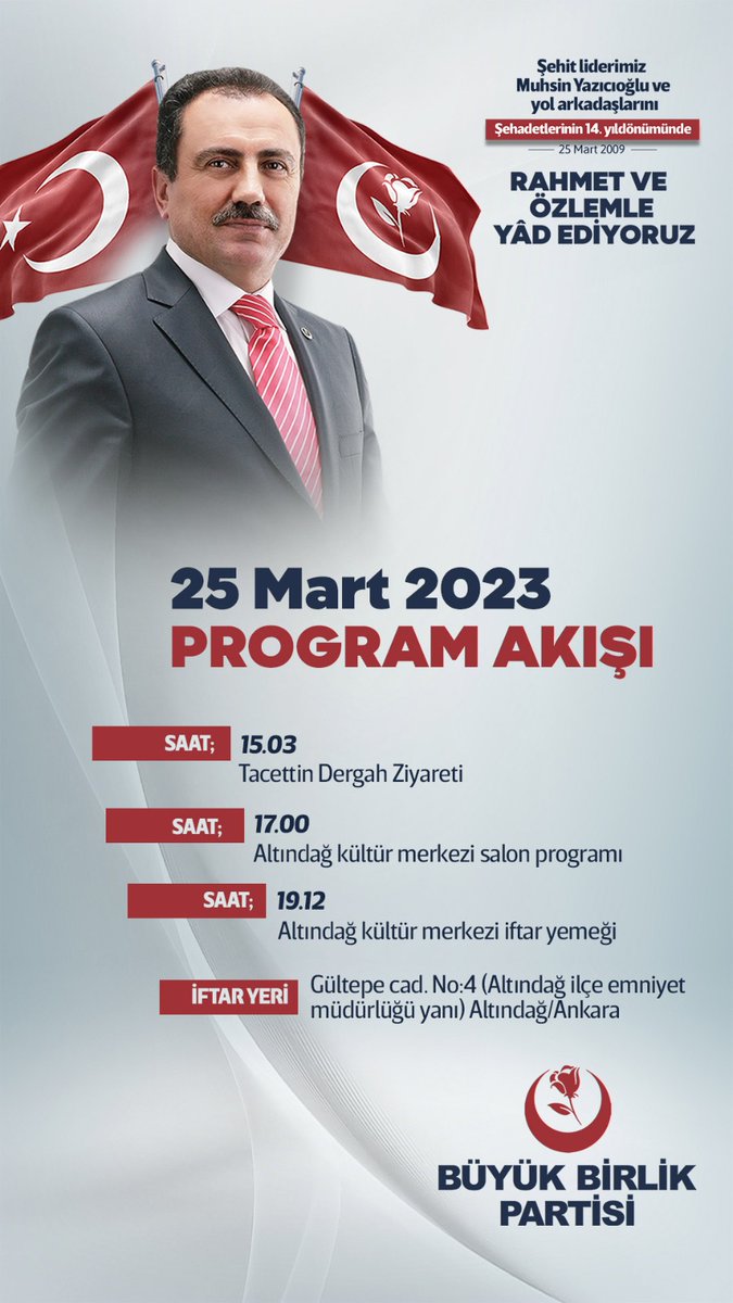 Şehit Liderimiz Muhsin YAZICIOĞLU'nu ve Onunla birlikte Rahmeti Rahmân'a kavuşan Erhan ÜSTÜNDAĞ'ı, Yüksel YANCI'yı, Murat ÇETİNKAYA'yı ve İsmail GÜNEŞ'i şehâdetlerinin 14. sene-i devriyesinde rahmet ,minnet ve özlemle anıyoruz.

Murat ASLAN
BBP Genel Başkan Yardımcısı
