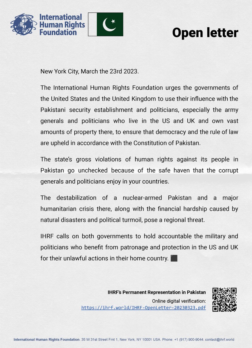 #Pakistan🇵🇰 OPEN LETTER from the International Human Rights Foundation to the governments and civil societies of the United States of America and the United Kingdom regarding the sharp deterioration of the political situation in Pakistan. #OpenLetter #IHRF #HumanRights