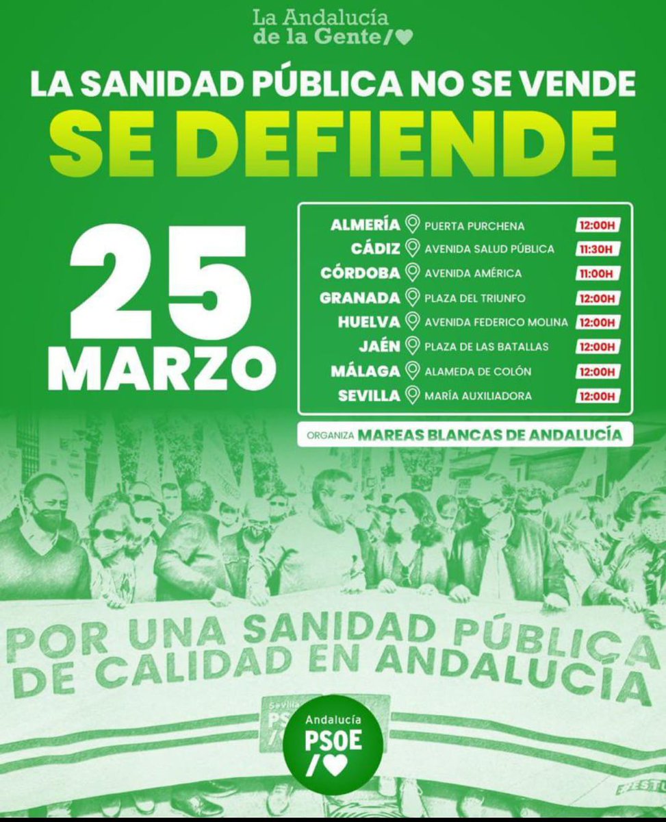 RocioCarr2's tweet photo. 📢El @psoedeandalucia se une a Las Manifestaciones #25M   
La #SanidadPublica  se levanta contra la privatización de la Atención Primaria en #Andalucía fomentada por el #PP de Moreno Bonilla
▶️Convocan la  #MareasBlancas con el apoyo de los #Sindicatos 
#25MLaSaludNoSeVende 💚 https://t.co/jDoUhR8scN