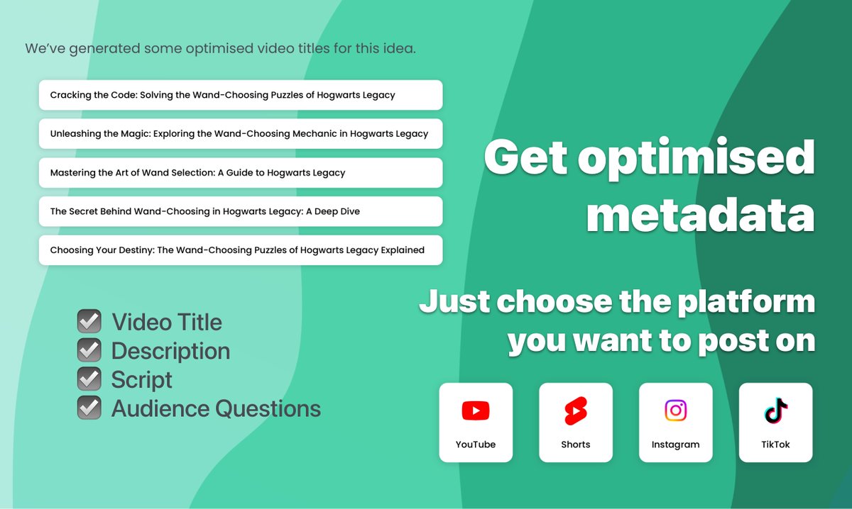 multytude's tweet photo. ▶️ Get optimised metadata: Just tell us which platform you want to post on, and we'll automatically generate optimised titles, descriptions and more for any idea you choose. Even including a suggested script to get you started. https://t.co/0ujSTHRI50