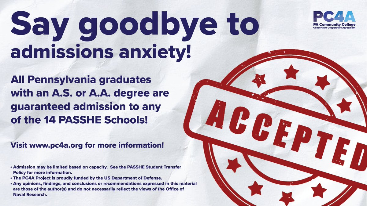 PC4ASTEM's tweet image. Attention PA graduates with an A.A. or A.S. degree! @statesystem now offers guaranteed* admission into any of the 14 PASSHE schools!  Visit pc4a.org to learn more!  #DoDSTEM #Cybersecurity #CollegeHereICome