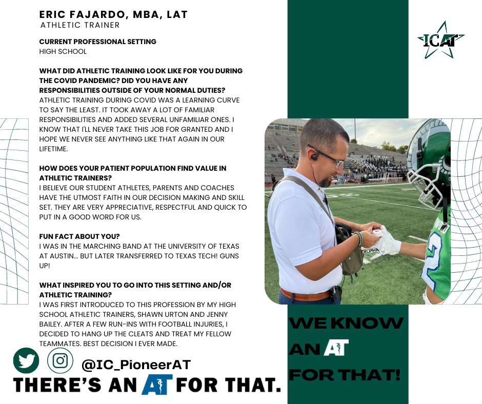 Next in our #NATM2023 celebration of AT friends who are fulfilling #TheresAnATForThat roles among the best in their setting is close friend Eric Fajardo MBA, LAT, he demonstrATes that ATs are providing care &amp; value. Thank you for all that you do for your patients! #WreckEm #AT4me