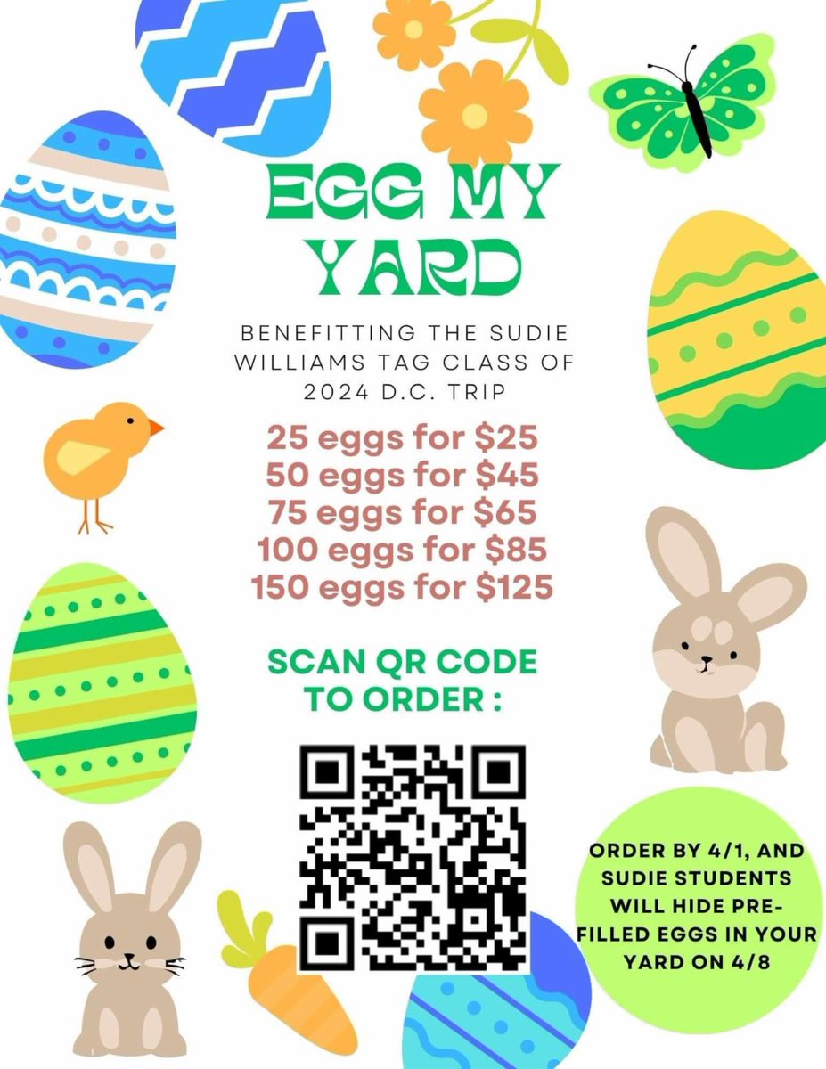 conta.cc/3FjcQ79
DEADLINE TO ORDER IS SATURDAY APRIL 1, 2023!
Outsource your Home Egg Hunt with the help of Sudie Lion Families. Tap the link for more details or use the qr code to sign up!
