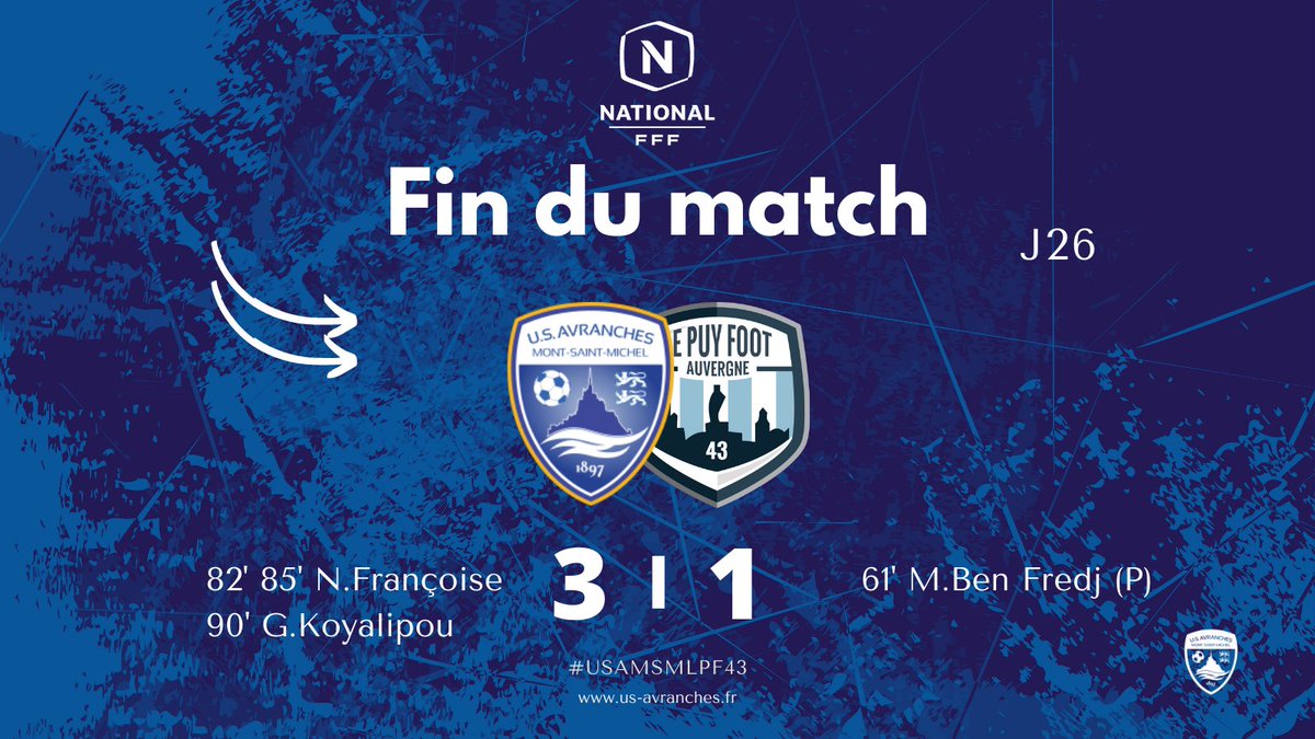 90’  |  

𝗖'𝗲𝘀𝘁 𝘁𝗲𝗿𝗺𝗶𝗻𝗲́ ! Mené 1 à 0, l'US Avranches Mont-Saint-Michel s'impose 3 buts à 1 avec 3 buts dans les dix dernières minutes 🔥🔥

#USAMSMLPF43  | 3⃣  - 1⃣