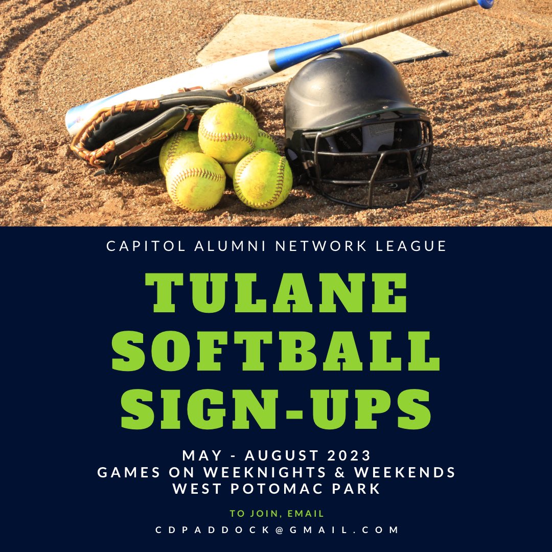 Tulane Alums of DC (@tulanedcalumni) on Twitter photo Who’s ready for some softball with the Capitol Alumni Network League? The team runs from May to August, with games on weeknights and weekends, played at West Potomac Park! Email cdpaddock@gmail.com for more information on how to sign up! 🥎 Who’s ready for some softball with the Capitol Alumni Network League? The team runs from May to August, with games on weeknights and weekends, played at West Potomac Park! Email cdpaddock@gmail.com for more information on how to sign up! 🥎