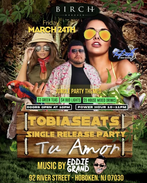 eddiegrandnj's tweet photo. The Grand Adventures Tour continues tonight! Taking over @BirchHoboken with my brother @TobiasEats 🔥 Join us for the official release party for his debut single Tu Amor! Jungle Theme 🐍 Doors 10PM. Get here early! #FULLSENDONLY 🚀 https://t.co/NYu31DH8mJ
