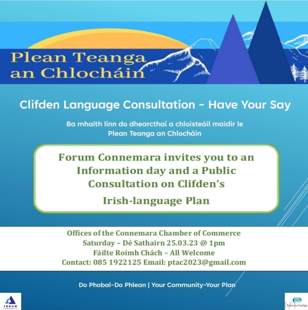 Consultation on Clifden’s Irish-Language Plan on Saturday 25th March