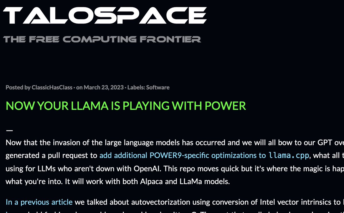 mpc7500v2's tweet photo. Now your #LLaMa is playing with POWER
https://t.co/PwwTaH21CN

#OpenPOWER #POWER9 #PowerPC #OpenAI #SIMD #VMX #Altivec #VSX https://t.co/RdEBpIz3WG
