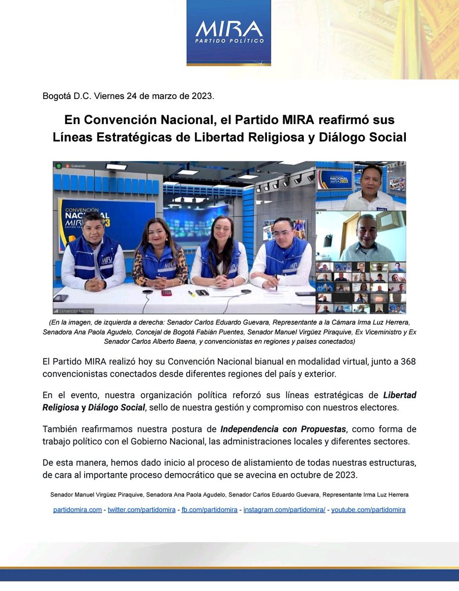 PartidoMIRA's tweet photo. HOY: Realizamos nuestra Convención Nacional, con 368 convencionistas de todo el país y el exterior. Reforzamos líneas estratégicas de Libertad Religiosa y Diálogo Social, reafirmamos nuestra Independencia con Propuestas, y preparamos nuestra organización para las Elecciones 2023. https://t.co/aaa6TnaUVt