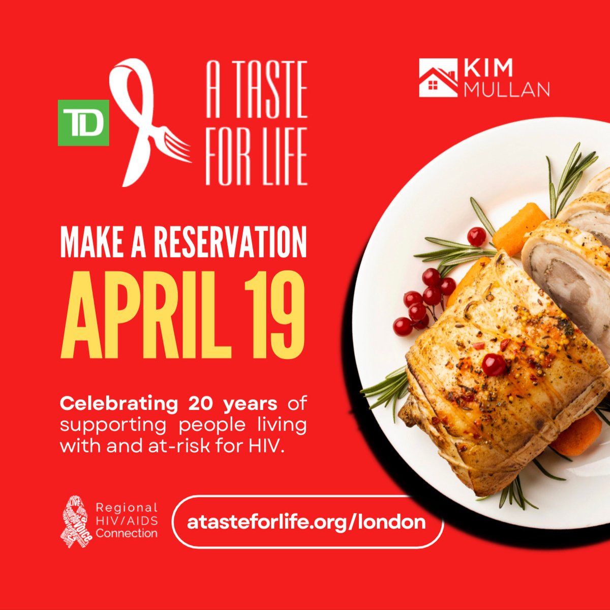 SAVE THE DATE! Presented by TD Bank Group, and proudly supported by Kim Mullan, Broker Sutton Group Select Realty Inc., Brokerage, #ATasteForLife (ATFL) returns to London-area restaurants on Wednesday, April 19 for its 20th anniversary: ATasteForLife.org/London
