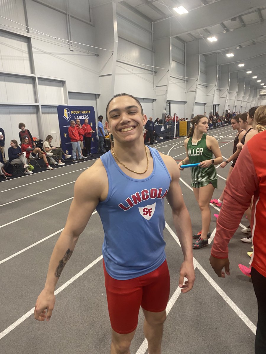 SFLHSPatsTrack's tweet photo. Chris Stanford wins the 60m dash at Mount Marty and ties Gemechu Godi’s school record time of 6.99! Congrats Chris! https://t.co/lrQWNpnfxJ