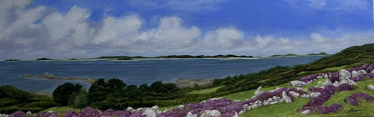 Acrylic painting of the view from Bant’s Carn  Burial chamber on St Mary’s, Isles of Scilly looking over to the isles of Tresco, Bryher, Samson &amp;  St Martin’s. These isles are simply stunning 😍#scillyisles #cornwall #seascape #islands