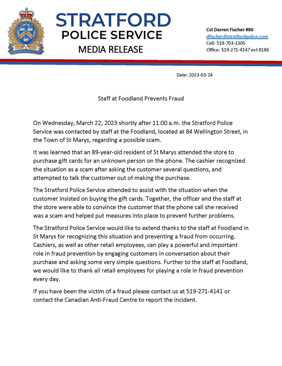 SPSmediaoffice's tweet photo. #SPS would like to extend a thank you to Wanda Mossey from Foodland in @townofstmarys Check out the attached media release for the details.

Included in the photo from left - right is Glenn Dailey (Manager), Wanda Mossey (Cashier &amp; hero of this story), and Corey McKay (Owner). https://t.co/ukcqOUOb1j