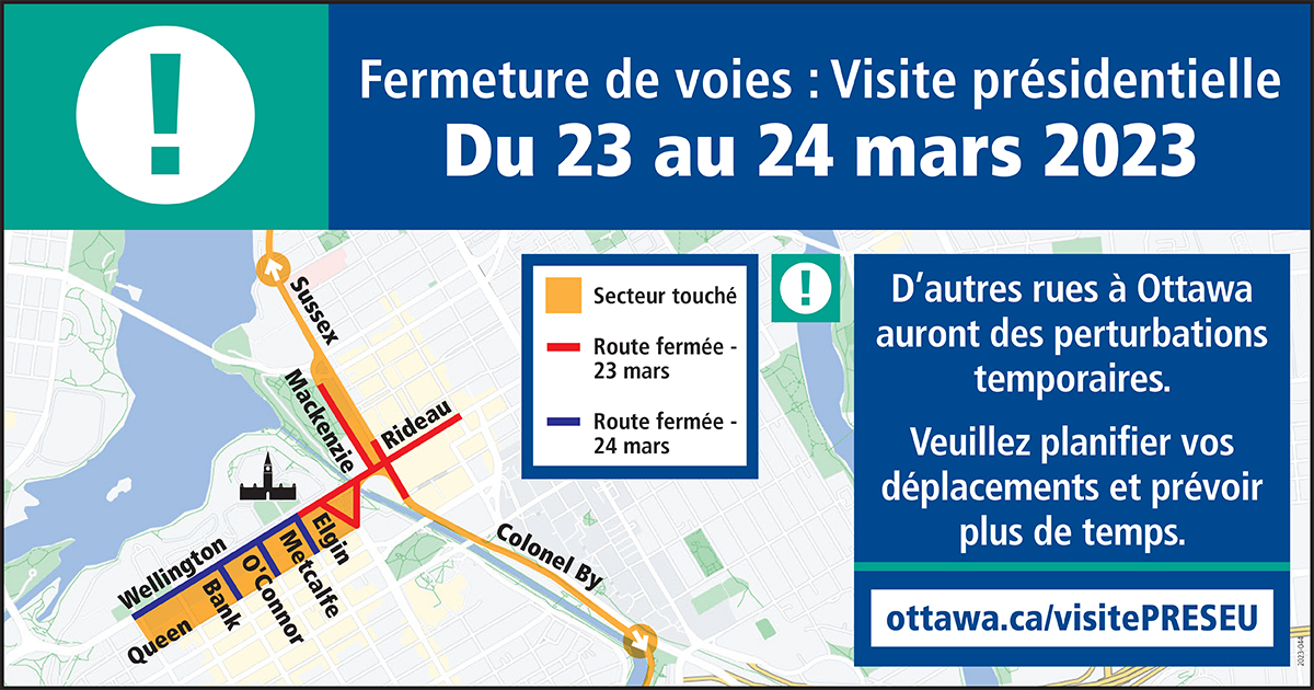 La visite du président et de la première dame des É.-U. prend fin auj., le 24 mars. Perturbations et ralentissements de la circulation au centre-ville (carte), sur la promenade de l’Aviation et vers <a href="/FlyYOW/">flyyow</a>. 
Liste complète des routes et secteurs touchés: bit.ly/3JCxmAP