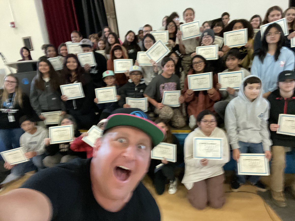 VIDASHARKS's tweet photo. Great Problems -- when you wish there was  a wide angle selfie lens and a 20 foot selfie pole + a stage twice as big because the Principal can't capture ALL the 6th Graders and their awards for Academic Excellence at first in-person awards since C*vid! #GreatProblems #WeAreVIDA https://t.co/BAWVPSLIib