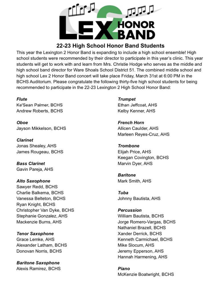 BCHS_Band_29033's tweet photo. Congratulations @LexingtonTwo Honor Band!  They perform Friday, March 31 at 6pm in the BC High School Auditorium. @BCHSBearcats @AHS_Leads @NMScougars @BCAABulldogs @PRMSGOLD @FulmerFalcons https://t.co/UL0a4eUj8F