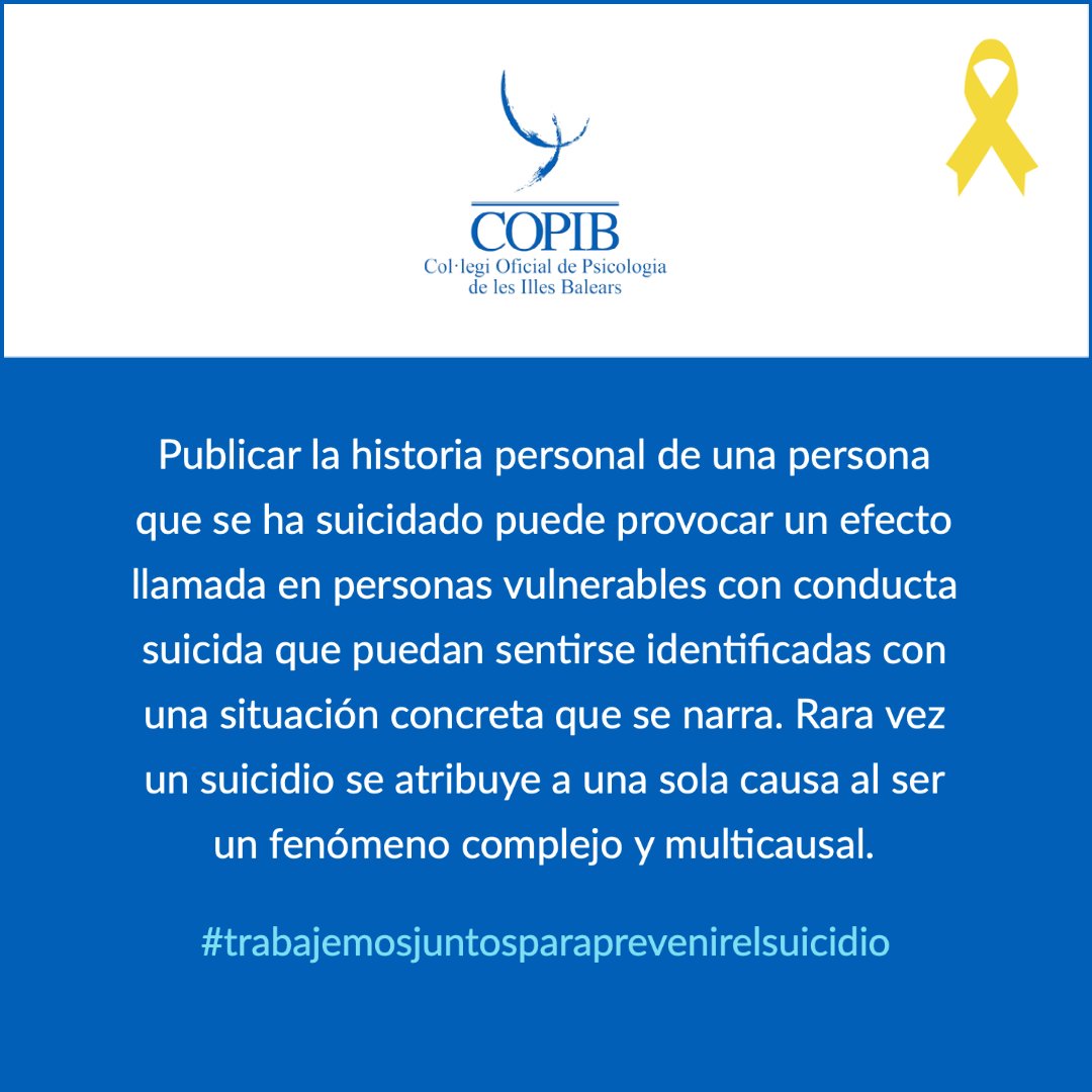 COPIB's tweet photo. Comunicat Oficial del Col·legi Oficial de Psicologia de les Illes Balears #prevenciondelsuicidio #ObservatoriodelSuicidio 
#noestaassolo #stopsuicidios #prevenciosuïcidi #GIPECIB 
@UHmallorca @diariARA @diariodemallorca @IB3 @RTVEBalears
@EsPapageno @cop_psicologia @EFEnoticias https://t.co/Ir5QZhQFNn