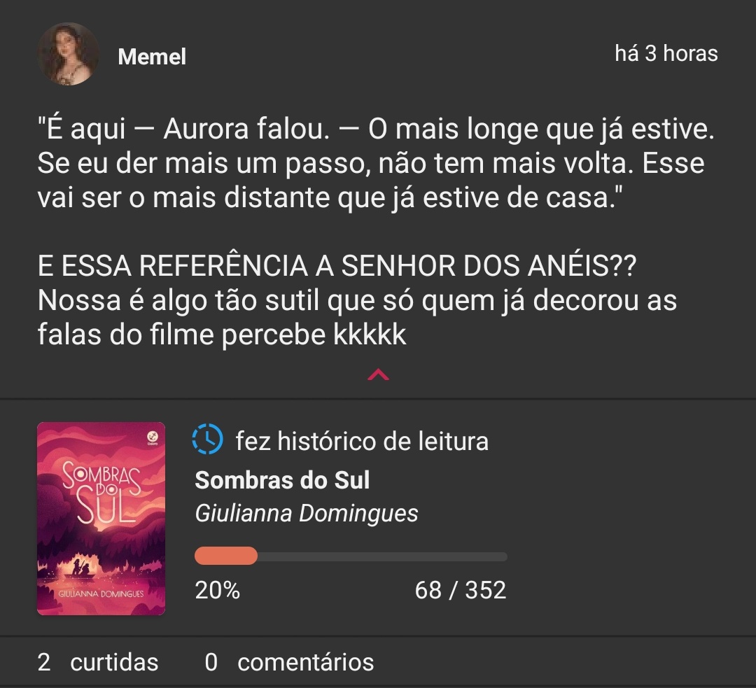 adoro quando fazem referência de algo que eu gosto em livros que eu tô adorando ler