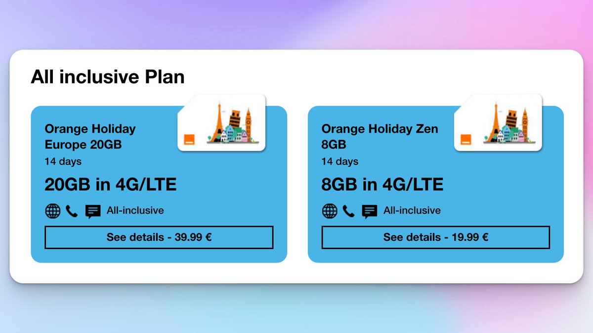 Orange Holiday eSIMs are now available.  
8GB or 20GB sizes. 
🇫🇷 French +33 number for travel in 38 countries in Europe.
Hotspot and data tethering enabled.
#esim