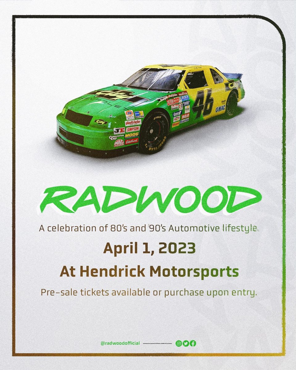 Join us in a celebration of 80s and 90s automotive lifestyle.

📍: Hendrick Motorsports 
🕙: 10:00 a.m. until 3:30 p.m.
👚: Break out your best vintage 80’s-90’s themed look!
🎟: Available at gates or pre-order: bit.ly/3JONPlM
💻: radwood.com