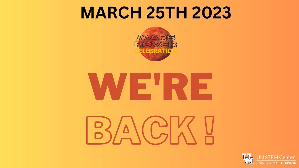UniversityStem's tweet photo. We're back ! TOMORROW, MARCH 25TH is our Mars Rover Celebration. We're excited to be back in person supporting our future scientists and engineers. It will be hosted at Student Center South, Houston Room from 9AM to 4pm. Hope to see you there ! https://t.co/8Q2pQqZMJg